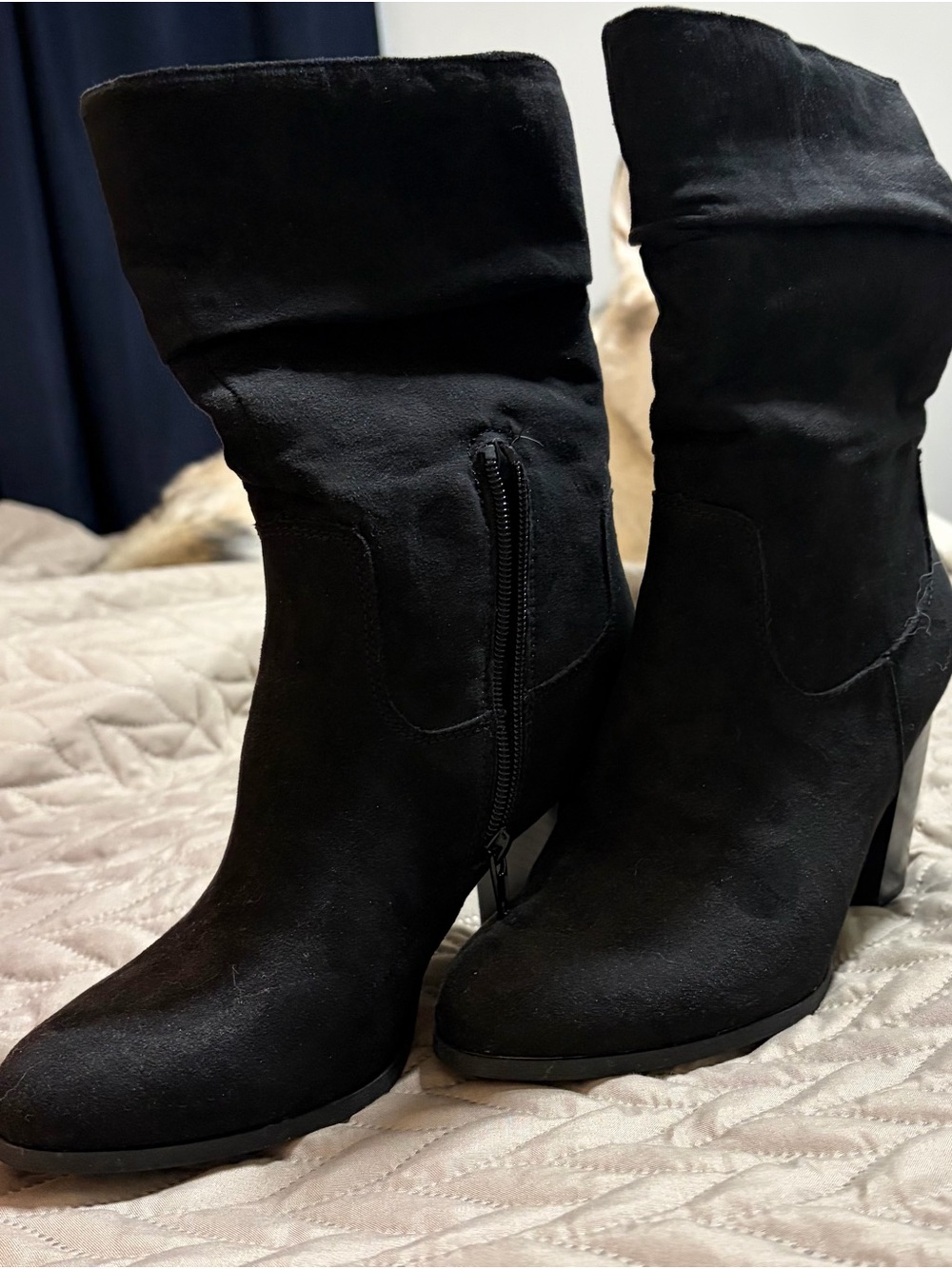Classic Black Suede Mid-Calf Heel Boots - Women